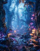 A magical scene of an ancient, enchanted forest with glowing plants and mystical creatures photo