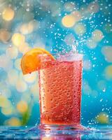 Refreshing beverage with condensation droplets, set against a summer backdrop, a vibrant colors photo