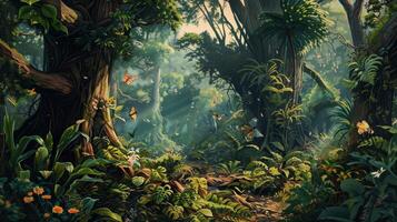 A lush forest with a diverse array of flora and fauna illustration photo
