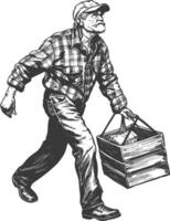 elderly man carry goods in loader box with engraving style vector