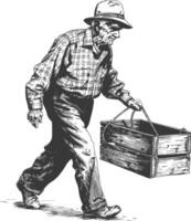 elderly man carry goods in loader box with engraving style vector