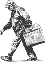 elderly man carry goods in loader box with engraving style vector