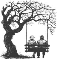 elderly couple sitting under swing on the tree with engraving style vector