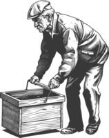 elderly man carry goods in loader box with engraving style vector