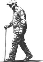 blind man walks with a cane with engraving style black color only vector
