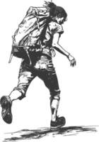 backpacker woman in action with engraving style black color only vector