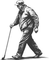 blind elderly walks with a cane with engraving style black color only vector