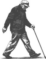 blind elderly walks with a cane with engraving style black color only vector