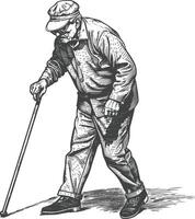 blind elderly walks with a cane with engraving style black color only vector