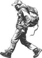 backpacker man in action with engraving style black color only vector