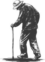 blind elderly walks with a cane with engraving style black color only vector