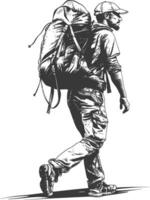 backpacker man in action with engraving style black color only vector