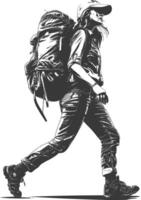 backpacker woman in action with engraving style black color only vector