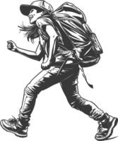 backpacker woman in action with engraving style black color only vector