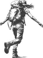 backpacker woman in action with engraving style black color only vector