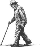 blind elderly walks with a cane with engraving style black color only vector