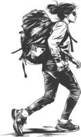 backpacker woman in action with engraving style black color only vector