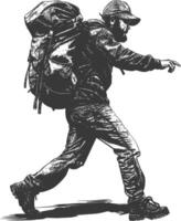 backpacker man in action with engraving style black color only vector