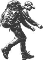 backpacker man in action with engraving style black color only vector
