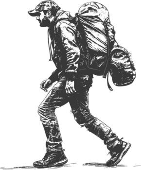 backpacker man in action with engraving style black color only vector