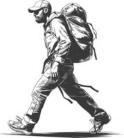 backpacker man in action with engraving style black color only vector