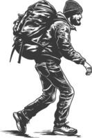 backpacker man in action with engraving style black color only vector