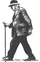 blind elderly walks with a cane with engraving style black color only vector