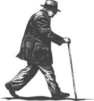 blind elderly walks with a cane with engraving style black color only vector