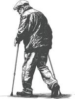 blind elderly walks with a cane with engraving style black color only vector