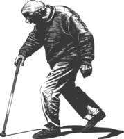 blind elderly walks with a cane with engraving style black color only vector