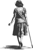 blind woman walks with a cane with engraving style black color only vector