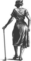 blind woman walks with a cane with engraving style black color only vector