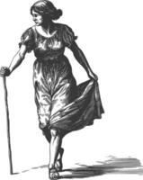 blind woman walks with a cane with engraving style black color only vector