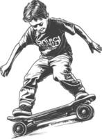 boy riding hoverboard with engraving style black color only vector