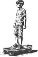 boy riding hoverboard with engraving style black color only vector