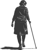 blind woman walks with a cane with engraving style black color only vector