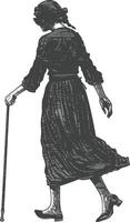 blind woman walks with a cane with engraving style black color only vector