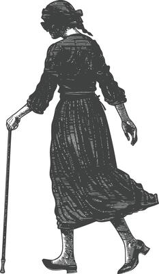 blind woman walks with a cane with engraving style black color only