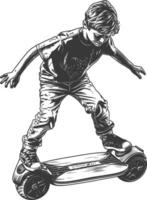 boy riding hoverboard with engraving style black color only vector