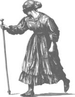 blind woman walks with a cane with engraving style black color only vector