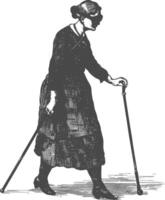 blind woman walks with a cane with engraving style black color only vector