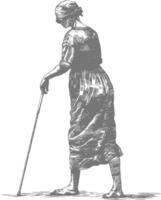 blind woman walks with a cane with engraving style black color only vector
