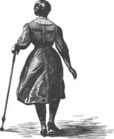 blind woman walks with a cane with engraving style black color only vector