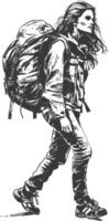 backpacker woman in action with engraving style black color only vector