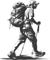 backpacker man in action with engraving style black color only vector