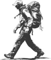 backpacker man in action with engraving style black color only vector