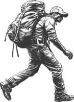 backpacker man in action with engraving style black color only vector