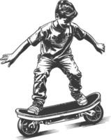boy riding hoverboard with engraving style black color only vector