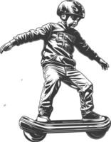 boy riding hoverboard with engraving style black color only vector