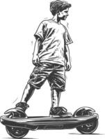 boy riding hoverboard with engraving style black color only vector